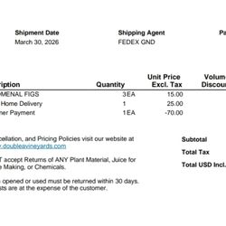 Double A Vineyard - My order confirmation with date of expected shipment.