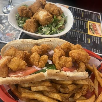 Sheila B'Z - Shrimp po'boy with fries and my chicken Caesar salad - Breakfast & Brunch Near Me - Stockton, California Sheila B'Z - Shrimp po'boy with fries and my chicken Caesar salad - Breakfast & Brunch Near Me - Stockton, California