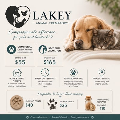 Our Services - Communal cremation (no return of ashes) starting at $55
Individual cremation starting at $165
Home pickups and veterinary clinic pickups.
Emergency services with a fast response time.
Average turnaround time, from picking up a pet to returning the ashes to the family at their home, is 3–7 days. Our Services - Communal cremation (no return of ashes) starting at $55
Individual cremation starting at $165
Home pickups and veterinary clinic pickups.
Emergency services with a fast response time.
Average turnaround time, from picking up a pet to returning the ashes to the family at their home, is 3–7 days.