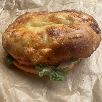 Panera Bread - Panera Chicken Roma Asiago Bagel Stack - Tasty with Chicken, Fresh Mozzarella, Basil, Arugula, Tomato, Garlic Aioli, Green Goddess Dressing - Salad Near Me - New York, New York
