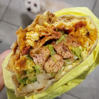 Lucky Boy - Famous breakfast burrito with both bacon and sausage (bacon extra crispy), extra cheese, salsa inside, and added avocado :) - Burgers Near Me - Pasadena, California Lucky Boy - Famous breakfast burrito with both bacon and sausage (bacon extra crispy), extra cheese, salsa inside, and added avocado :) - Burgers Near Me - Pasadena, California