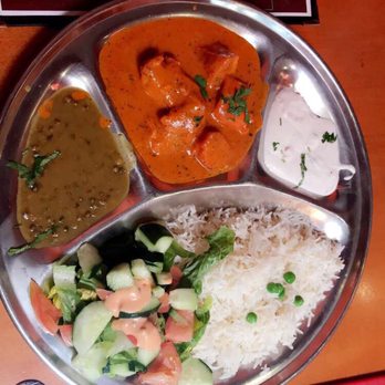 Bollywood Bites - Chicken Masala with rice, lentils, yogurt sauce, and salad and naan bread (not pictured) - Indian Near Me - Los Angeles, California