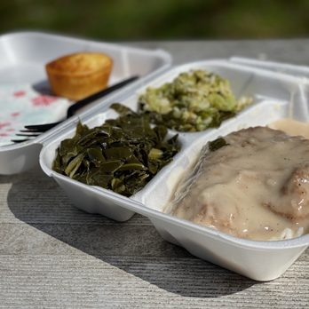 Weaver D's - Steak and gravy with collards and broccoli casserole - Southern Near Me - Athens, Georgia Weaver D's - Steak and gravy with collards and broccoli casserole - Southern Near Me - Athens, Georgia