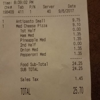Alibi - Our receipt for overcharged toppings - Pizza Near Me - Troy, Michigan