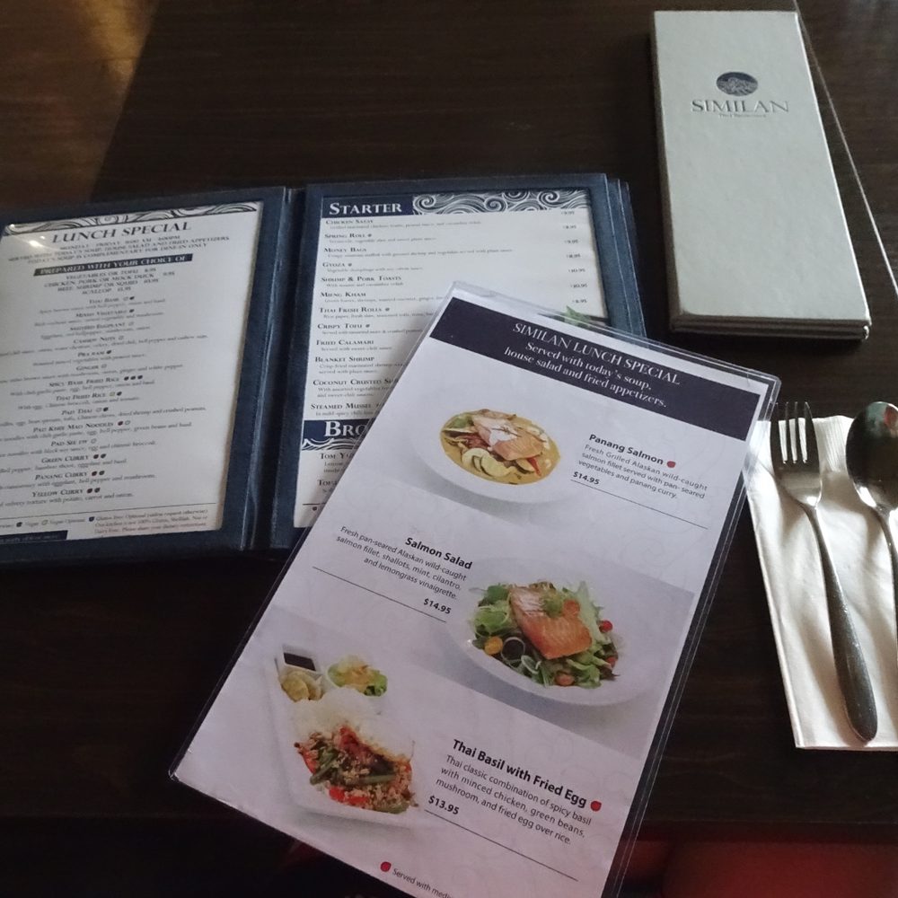 Similan Thai Restaurant - The table was a bit small for three big menu! - Thai Near Me - Solana Beach, California
