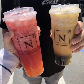 N7 Draft Tea + Coffee - Strawberry Hussle with mango boba on the left. Lemon brisk with regular boba on the right. - Coffee & Tea Near Me - San Jose, California N7 Draft Tea + Coffee - Strawberry Hussle with mango boba on the left. Lemon brisk with regular boba on the right. - Coffee & Tea Near Me - San Jose, California