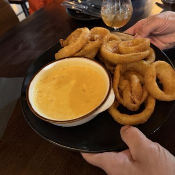 Aspire Brewing - Beer battered onion rings with beer cheese dip. - Brewpubs Near Me - Middletown, New York