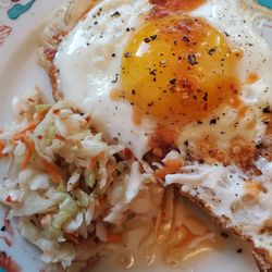 Ricas Pupusas Salvadoreñas - Breakfast: fried egg over cheese & jalapeño tamal Delicious!