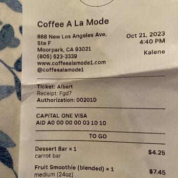 Coffee à la Mode - Receipt to show you how much we paid for our drinks and carrot cake - Coffee & Tea Near Me - Moorpark, California Coffee à la Mode - Receipt to show you how much we paid for our drinks and carrot cake - Coffee & Tea Near Me - Moorpark, California