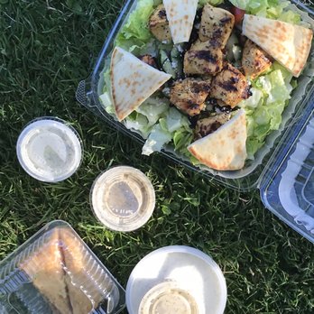Padria Mediterranean Cafe - Chicken souvlaki salad with dressing, tzatziki and baklava for dessert - Mediterranean Near Me - Kirkland, Washington