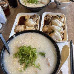 Pork&Century egg congee, liver congee and two rice rolls every Pork&Century egg congee, liver congee and two rice rolls every