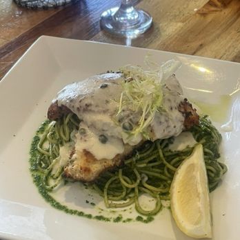 Osteria Al Mare - Sand Dabs with Pesto Spaghetti - Italian Near Me - Monterey, California Osteria Al Mare - Sand Dabs with Pesto Spaghetti - Italian Near Me - Monterey, California