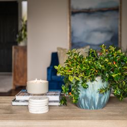 The Home Maker Interior Design - A glamourous blue, cream, and gold formal living room ready for conversation with friends.