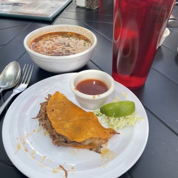 Tucson Food Tours - Burria taco alongside burria broth with ramen noodles in it. At La Yaquesita - Food Tours Near Me