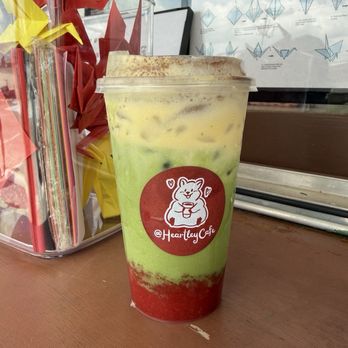 Heartley Cafe - Matcha latte with strawberry purée and added cream top - Coffee & Tea Near Me - Nashville, Tennessee