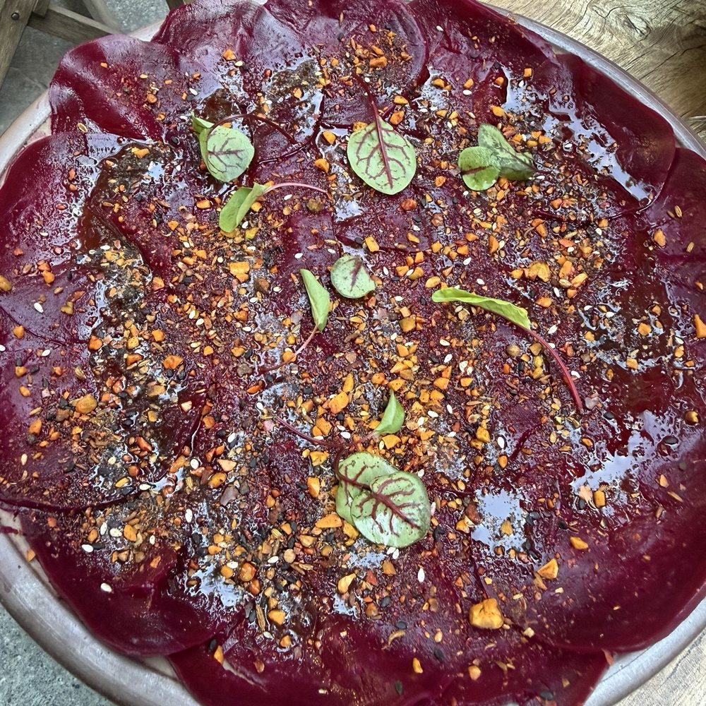 Delbar Middle Eastern - Beer carpaccio (they put the whipped feta on the side for us) - Persian/Iranian Near Me - Atlanta, Georgia