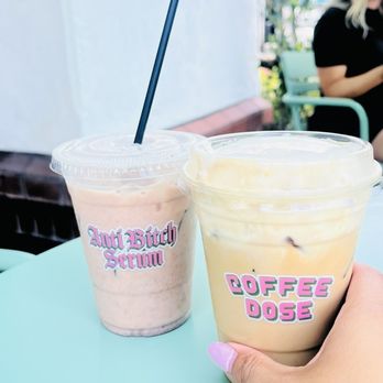 Coffee Dose - Chai on the left and Bananrama (espresso) on the right. - Coffee & Tea Near Me - Encinitas, California Coffee Dose - Chai on the left and Bananrama (espresso) on the right. - Coffee & Tea Near Me - Encinitas, California