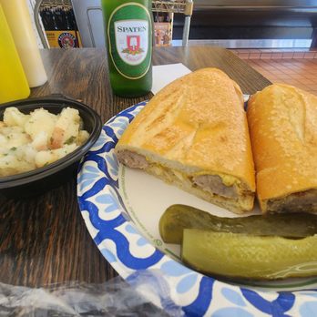 Mattern Sausage & Deli - German potato salad (heated), Nuerenberger bratwurst, and a German beer. - Delis Near Me - Orange, California Mattern Sausage & Deli - German potato salad (heated), Nuerenberger bratwurst, and a German beer. - Delis Near Me - Orange, California