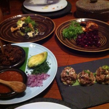 Los Danzantes - duck chilorio in morita sauce (lwr left); tuna tartar tacos (lwr right); corn fungus wth string cheese & grasshoppers (upr left) - Mexican Near Me - Oaxaca, OAX Los Danzantes - duck chilorio in morita sauce (lwr left); tuna tartar tacos (lwr right); corn fungus wth string cheese & grasshoppers (upr left) - Mexican Near Me - Oaxaca, OAX