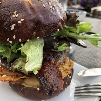 The Surly Mermaid - Peanut Butter Bacon Burger extreme close-up. Check out that bacon!!! - Seafood Near Me - Sidney, British Columbia The Surly Mermaid - Peanut Butter Bacon Burger extreme close-up. Check out that bacon!!! - Seafood Near Me - Sidney, British Columbia