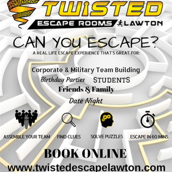 Twisted Escape Rooms Lawton - Coming Soon - Escape Games Near Me - Lawton, Oklahoma Twisted Escape Rooms Lawton - Coming Soon - Escape Games Near Me - Lawton, Oklahoma