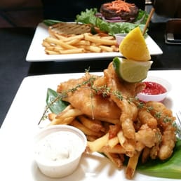 Taro Burger (back); Fish & Chips (front) Taro Burger (back); Fish & Chips (front)