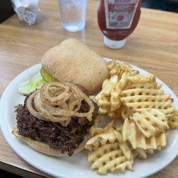 BBQ Pulled Pork Sandwich with waffle fries