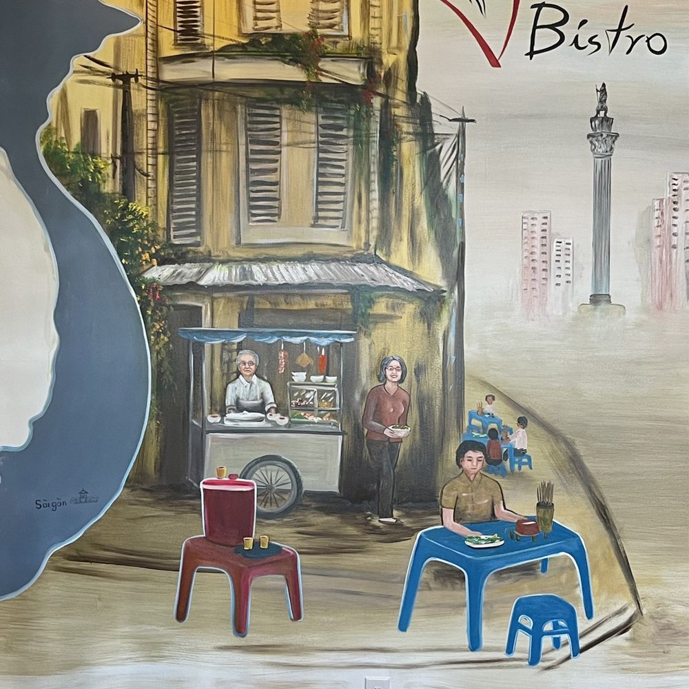 V Bistro - Lovely family mural with the original story of the first soup cart that began in Saigon. - Vietnamese Near Me - Conroe, Texas V Bistro - Lovely family mural with the original story of the first soup cart that began in Saigon. - Vietnamese Near Me - Conroe, Texas