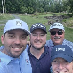 Tot Hill Farm Golf Club - 6/3/25 with hole #15 Waterfall Par 3 behind us. Matt, Chris, Jon & Josh.
