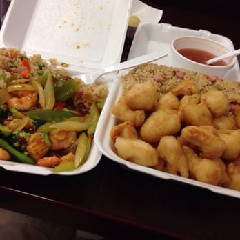 Empire Wok Restaurant - Garlic Shrimp (left) and Sweet & Sour Chicken (right), both with Ham Fried Rice - Chinese Near Me - Draper, Utah Empire Wok Restaurant - Garlic Shrimp (left) and Sweet & Sour Chicken (right), both with Ham Fried Rice - Chinese Near Me - Draper, Utah