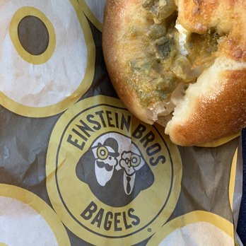 Einstein Bros. Bagels - Green Chile Bagel toasted with a schmear - Bagels Near Me - Reston, Virginia Einstein Bros. Bagels - Green Chile Bagel toasted with a schmear - Bagels Near Me - Reston, Virginia