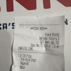 Pizza Inn - This is the receipt and what was ordered