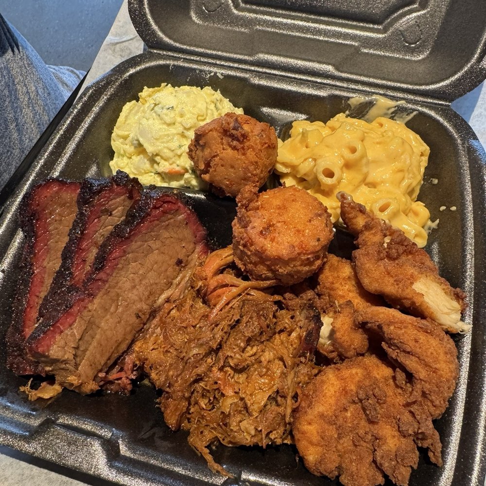 Q Daddy's Pitmaster BBQ - Sampler platter with hush puppies, Mac & cheese and potato salad. - Salad Near Me - Yorktown, Virginia Q Daddy's Pitmaster BBQ - Sampler platter with hush puppies, Mac & cheese and potato salad. - Salad Near Me - Yorktown, Virginia