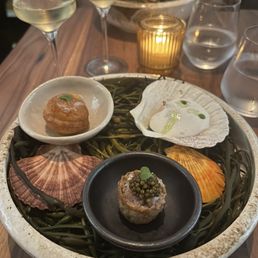 Snacks - oxtail beignet, scallop, veal Snacks - oxtail beignet, scallop, veal