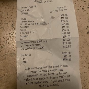 Campfire - 4% surcharge is ridiculous plus 1 medium size marshmallow for $9.50? - New American Near Me - Carlsbad, California
