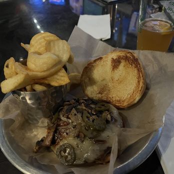 Rudy's Pub & Grill - Delicious burger that I added grilled mushrooms to! Unique house fries are great too! - American Near Me - Apex, North Carolina