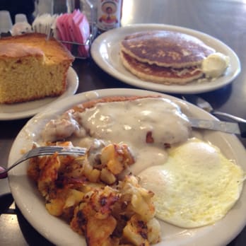 The Egg Connection - Country fried steak and eggs, comes with choice of bread, I got the cornbread. Also had to try the pancakes. All so good. - Breakfast & Brunch Near Me - Tucson, Arizona