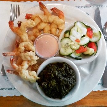 O'Steen's Restaurant - Fried shrimp with pink sauce, pickled cucumbers, and spinach. - Seafood Near Me - Saint Augustine, Florida O'Steen's Restaurant - Fried shrimp with pink sauce, pickled cucumbers, and spinach. - Seafood Near Me - Saint Augustine, Florida