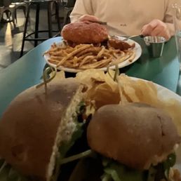 Buffalo cauliflower sandwich and black bean torta