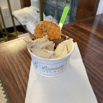 Lamonte Gelato - Large; Chocolate, Espresso, Salted Caramel.  Little cone cookie topper- awesome. - Gelato Near Me - Pensacola, Florida