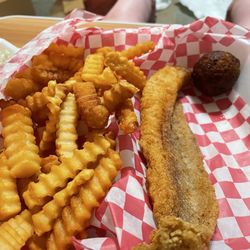 Williams Famous Fried Chicken - Catfish filet, hush puppy, and crinkle cut fries.