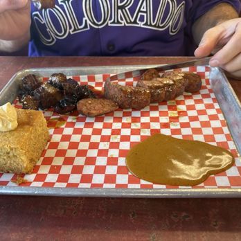 Smoking Pig BBQ - Beef tips, Hotlink, corn bread & BBQ sauce. - Barbeque Near Me - San Jose, California Smoking Pig BBQ - Beef tips, Hotlink, corn bread & BBQ sauce. - Barbeque Near Me - San Jose, California