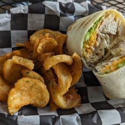 Chicken bacon ranch wrap and fries. Chicken bacon ranch wrap and fries.