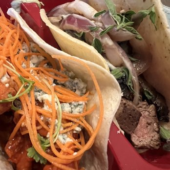 Velvet Taco - Tacos to go on our second (drive thru) order - buffalo chicken and grilled flank steak (02/2023) - New American Near Me - Grapevine, Texas Velvet Taco - Tacos to go on our second (drive thru) order - buffalo chicken and grilled flank steak (02/2023) - New American Near Me - Grapevine, Texas