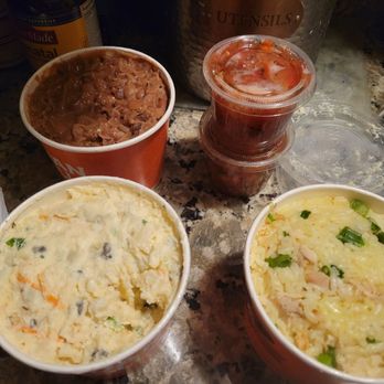 Juan Pollo - Close up of the rice, beans, potato salad, and salsa - Mexican Near Me - Jurupa Valley, California