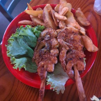 Clearman's Galley - Shrimp skewers with Caesar salad and a garlic bread and french fries - American Near Me - San Gabriel, California