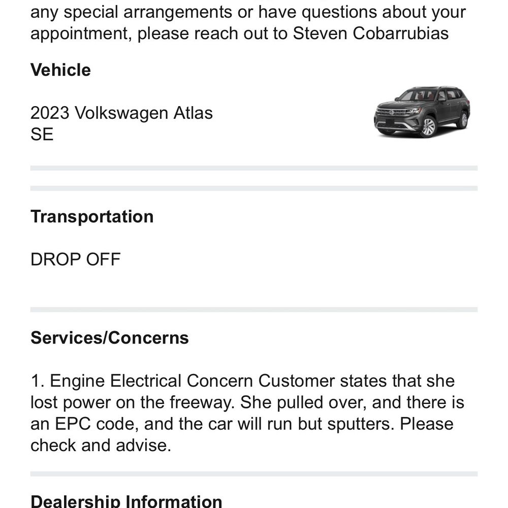 Ken Garff Volkswagen - Dealer intake notes documenting freeway power loss, EPC warning, and sputtering issue. - Car Dealers Near Me - Gilbert, Arizona Ken Garff Volkswagen - Dealer intake notes documenting freeway power loss, EPC warning, and sputtering issue. - Car Dealers Near Me - Gilbert, Arizona