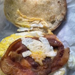 Breakfast sandwich with bacon.