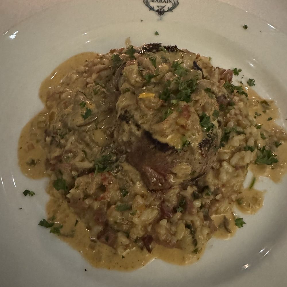 Marais - Special for the night, 5oz blackened filet topped with crawfish etoufee and orzo - Seafood Near Me - Dickinson, Texas Marais - Special for the night, 5oz blackened filet topped with crawfish etoufee and orzo - Seafood Near Me - Dickinson, Texas