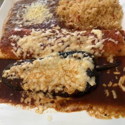 El Sombrero - New way they are making the Chile relleno (no breading and not stuffed ), burrito with rice and beans